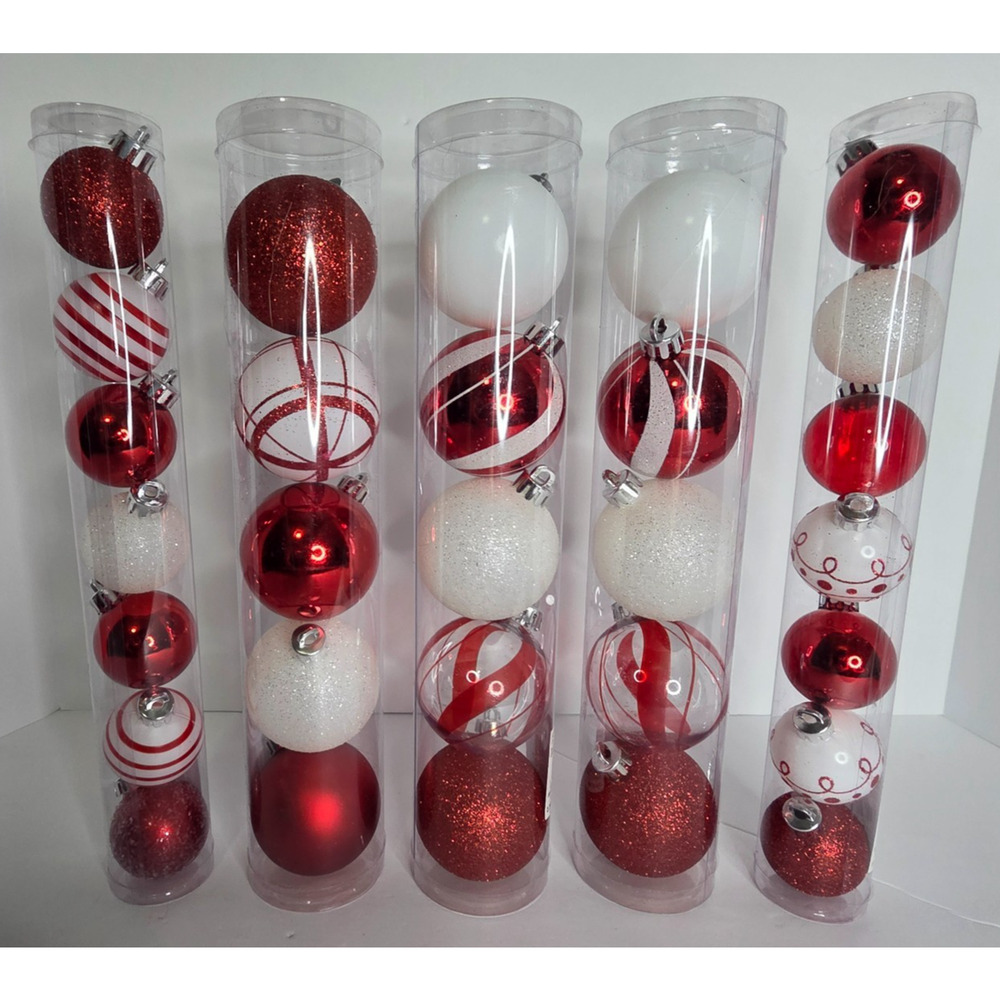 Ashland Christmas Shatterproof Ornaments Lot Red White 5 Tubes Mixed Sizes